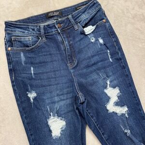 Judy Blue Jeans Women's 7/28 Distressed Boyfriend Fit‎ High Rise Dark Wash Denim